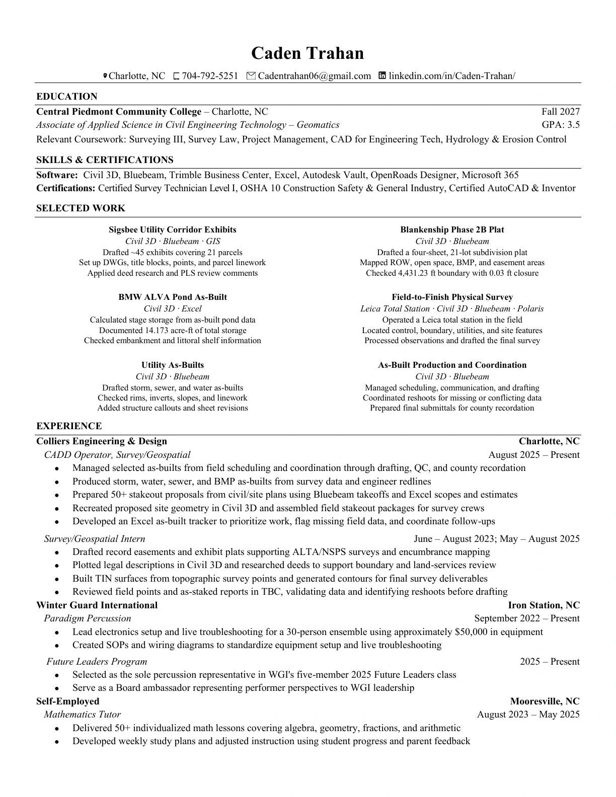 Preview of Caden Trahan's one-page résumé.