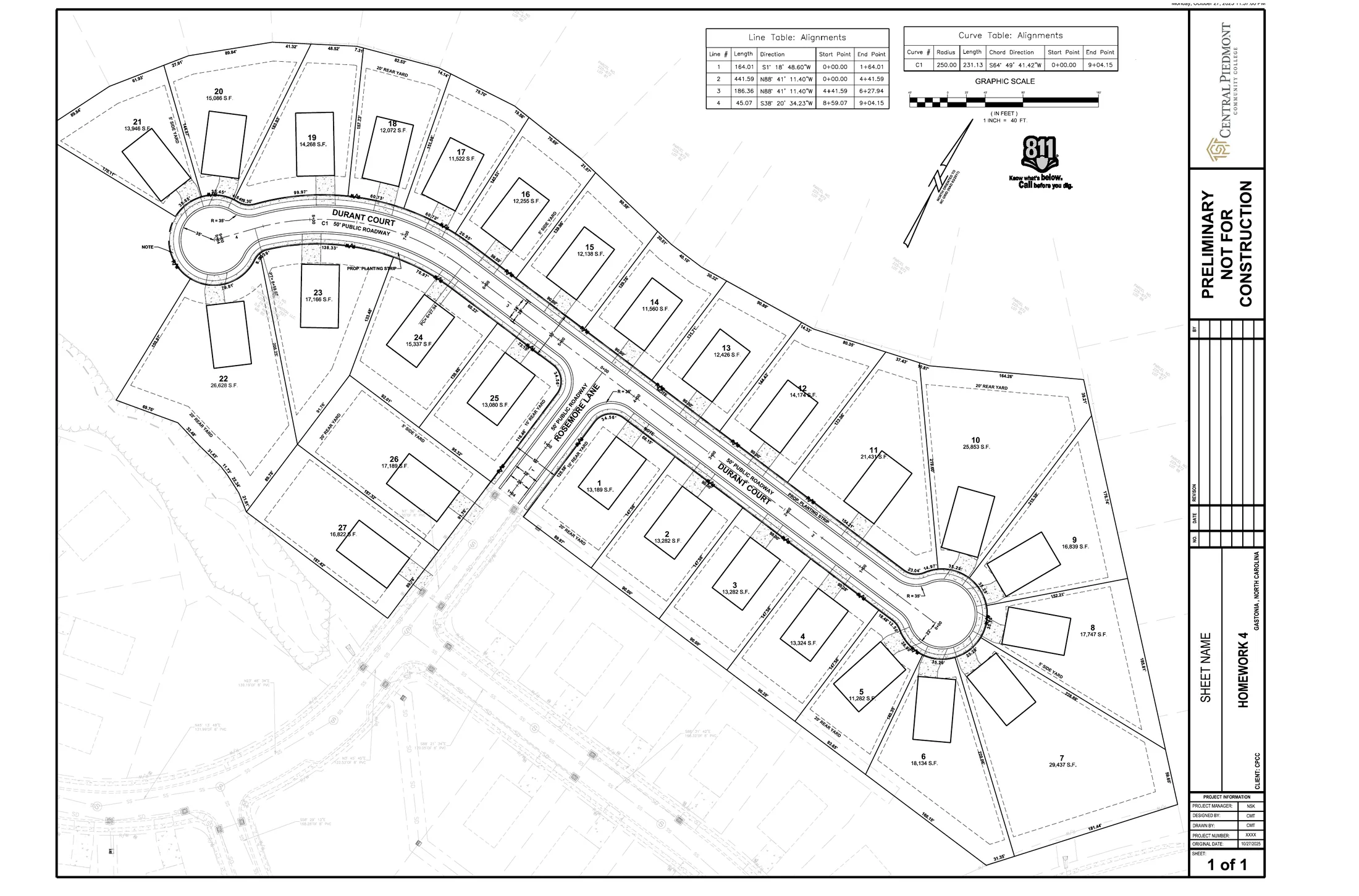 Academic Civil 3D subdivision plan with two cul-de-sacs, numbered lots, alignment tables, setbacks, and a preliminary title block.